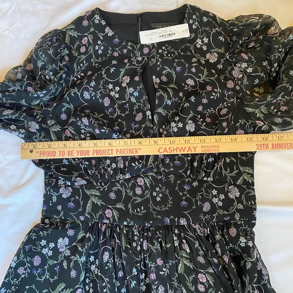 Ted Baker London Women's Dark Floral Mini Dress Small Sheer Ballon Sleeve - Picture 15 of 17